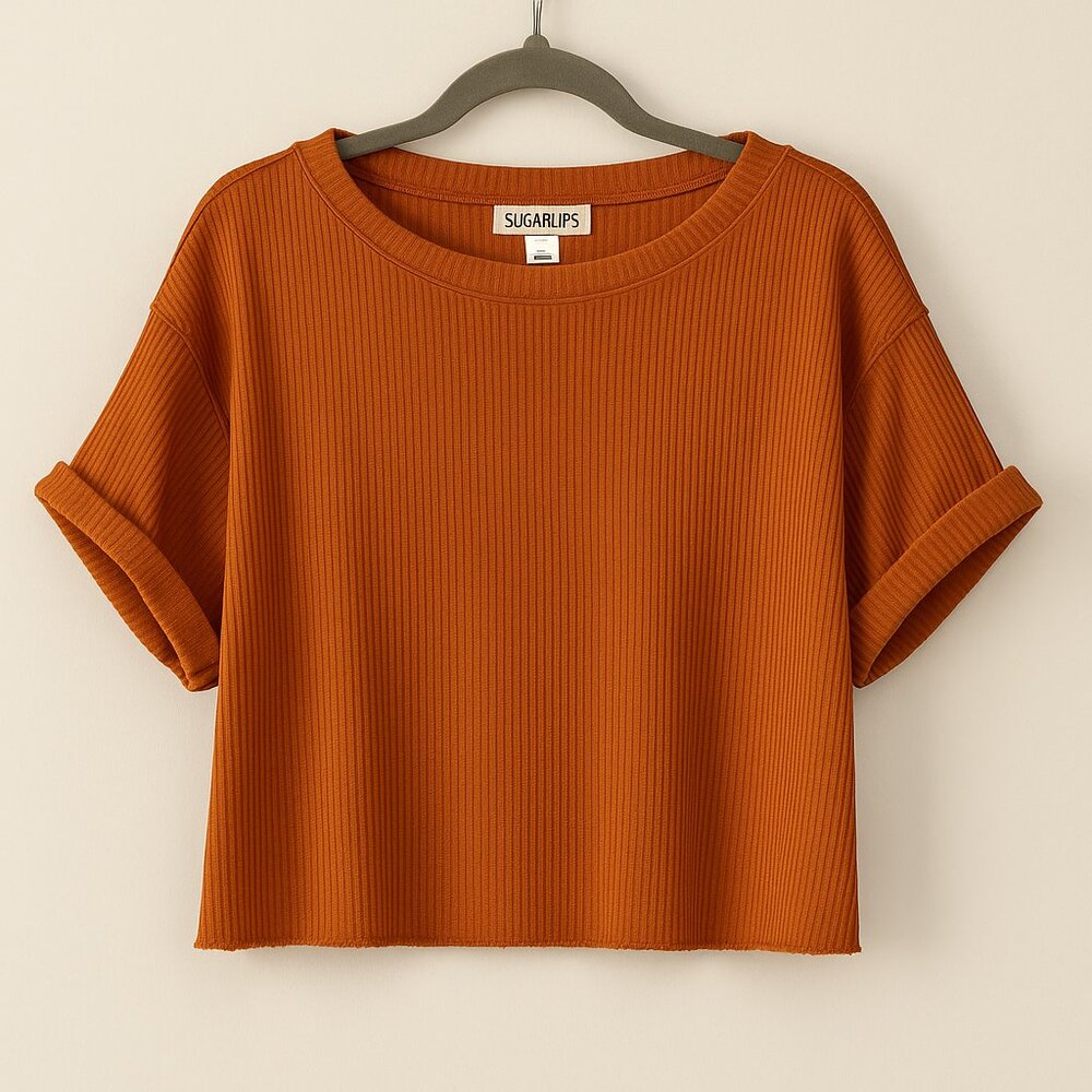 Sugarlips NEW Burnt Orange Ribbed Knit Boxy Short Sleeve Top Oversized Size M L